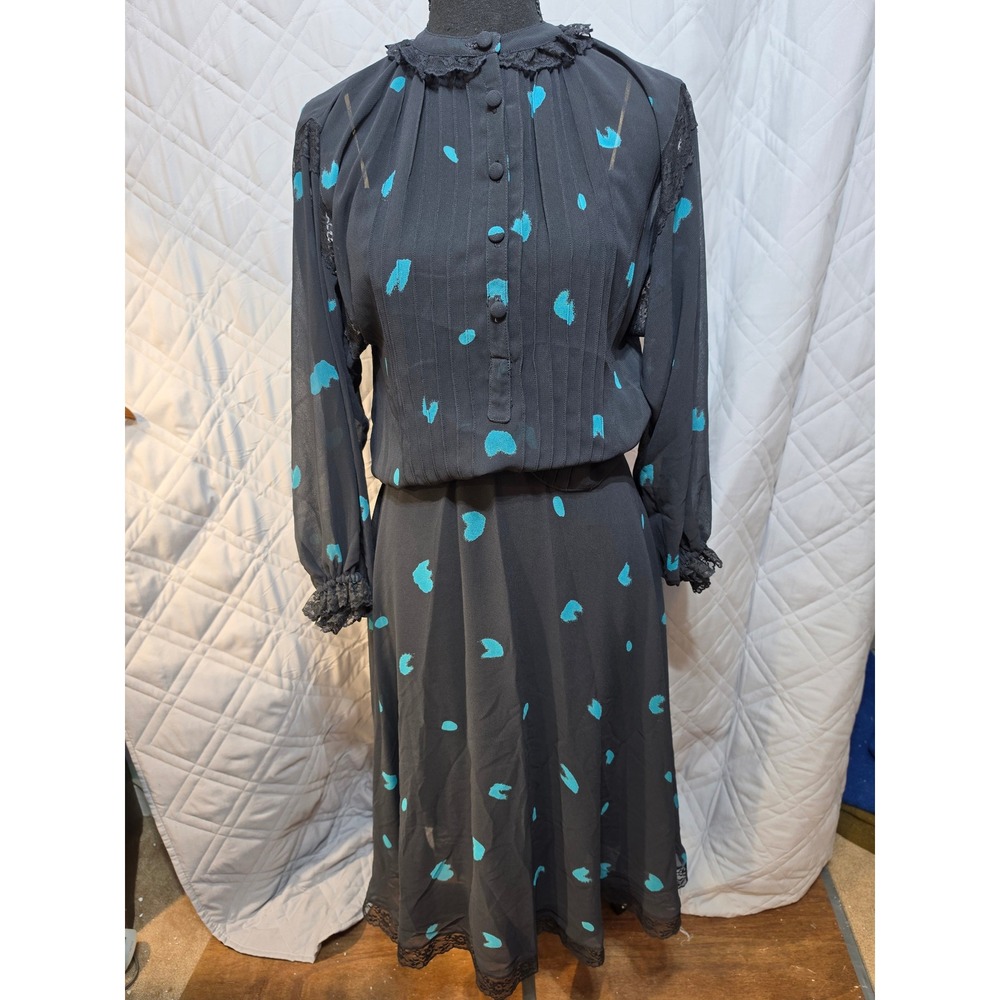 Nipon Boutique Vintage 3pc Set Sheer Blouse Skirt Slip Black Teal Heart READ!!